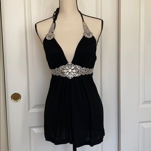 Black and rhinestone low cut halter top size S